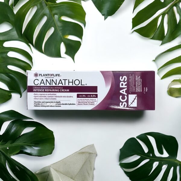 Gros plan sur la Crème CBD et CBG pour Cicatrices Cannathol, mettant en évidence sa texture riche et ses composants actifs.