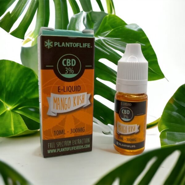 Zoom sur le E-LIQUIDE MANGO KUSH CBD 300MG, offrant une expérience de vapotage avec une saveur exotique de mangue pour relaxation.